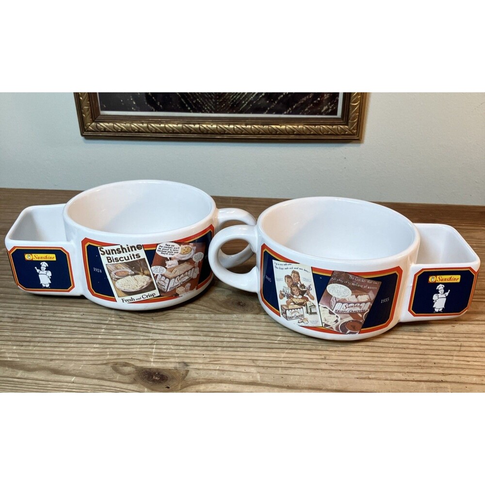 2 Vintage Sunshine Biscuits Soup Mugs/Bowls with Side Cracker Holder Ceramic
